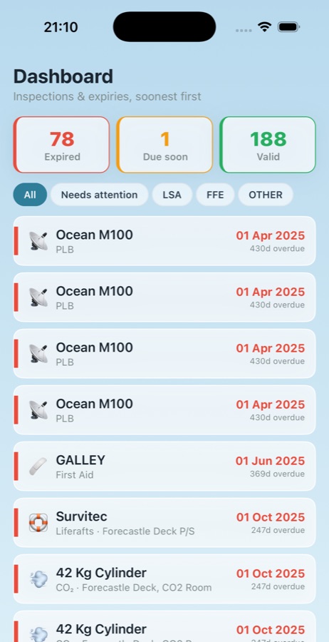 ISMpilot dashboard on iPhone: expired, due soon and valid items, sorted soonest-first